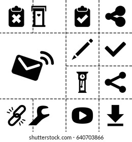 Interface icon. set of 13 filled interfaceicons such as door with heart, pen, download, wrench, mail, play, tick, pendulum, share, clipboard with tick, clipboard with cross