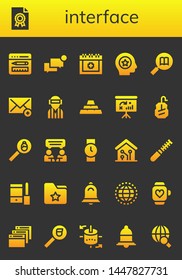 interface icon set. 26 filled interface icons.  Collection Of - Browser, File, Chat, Date, Favorite, Information, Email, Player, Ingots, Dashboard, Mouse, Search, Wristwatch, Smart home