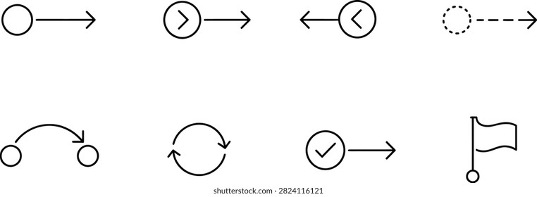 Interface icon set with black line arrows circles and flag symbols for web navigation design
