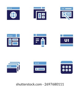 Ícone de interface definido. Estilo negrito. Cores duotônicas. web, layout, web design, interface, navegador, download.