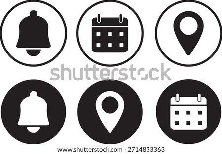 Interface icon set, Calendar with pin, map with poine table icons, button isolated on white background information,

