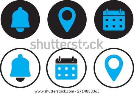 Interface icon set, Calendar with pin, map with poine table icons, button isolated on white background information,
