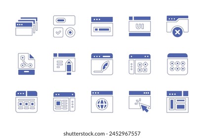 Interface icon set. Duotone style line stroke and bold. Vector illustration. Containing interface, web, browser, website, application, blog, layout, web design, download. 
