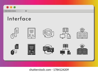 interface icon set. included tablet, homework, school, learning, click icons on white background. linear, filled styles.