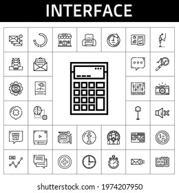 interface icon set. line icon style. interface related icons such as shovel, 3d printer, photo camera, artificial intelligence, dollar, voice recorder, analytics, line chart