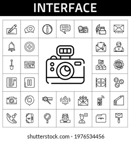 Interface Icon Set. Line Icon Style. Interface Related Icons Such As Mail, Ink Pen, Shovel, Photo Camera, Button, Notification, Bar, Navigation, Search, Playlist, Phone Call
