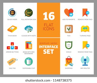 Interface icon set. Tag sign, shield, map pointer, book. App design concept. Can be used for topics like notification, software, mobile device