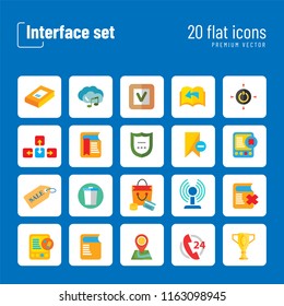 Interface icon set. Tag sign, shield, map pointer, book. App design concept. Can be used for topics like notification, software, mobile device