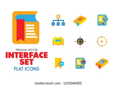Interface icon set. Tag sign, shield, map pointer, book. App design concept. Can be used for topics like notification, software, mobile device