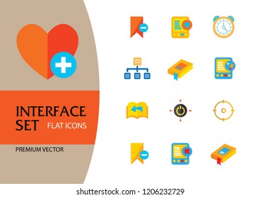 Interface icon set. Tag sign, shield, map pointer, book. App design concept. Can be used for topics like notification, software, mobile device