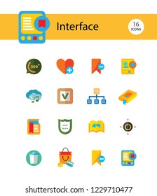 Interface icon set. Tag sign, shield, map pointer, book. App design concept. Can be used for topics like notification, software, mobile device