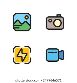 Interface icon set, vector illustration, filled style, best used for web. Image, camera, flash, video icon