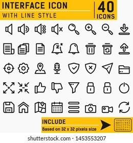 Interface icon set for web and mobile with line style on isolated white background. Interface icon set contains such icons camera, search, power, home, record, speaker, location, setting and other
