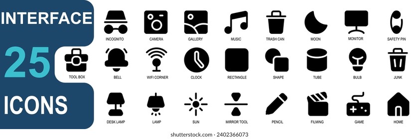 interface icon set.glyph style.contains wifi,clock,square,rectangle,geometry,tube,lamp,trash can,junk,idea,alarm.vector illustration set.great for ui use.