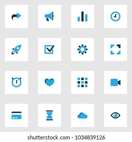 Interface icons colored set with ahead, video, hourglass and other watch elements. Isolated vector illustration interface icons.