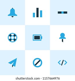 Interface icons colored set with ban, send, alarm and other minus elements. Isolated vector illustration interface icons.
