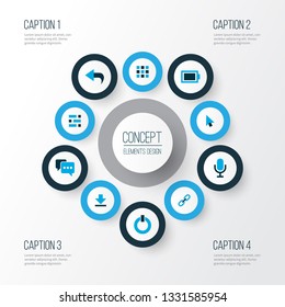Interface icons colored set with battery, dashboard, cursor and other statistic elements. Isolated vector illustration interface icons.