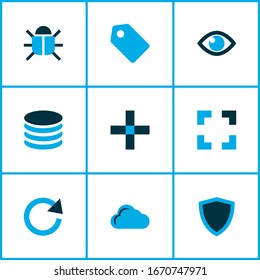 Interface icons colored set with bug, label, full screen and other storage elements. Isolated vector illustration interface icons.