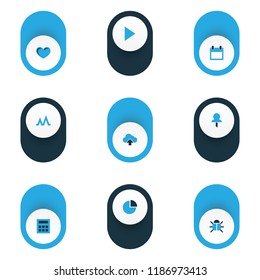 Interface icons colored set with calculator, diagram, bug and other events elements. Isolated vector illustration interface icons.