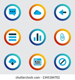 Interface icons colored set with chatting, storage, attach and other clip elements. Isolated vector illustration interface icons.
