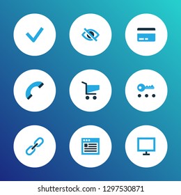 Interface icons colored set with checkmark, hide, link and other key elements. Isolated vector illustration interface icons.
