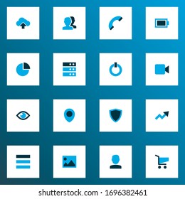 Interface icons colored set with diagram, video, power on and other charge elements. Isolated vector illustration interface icons.