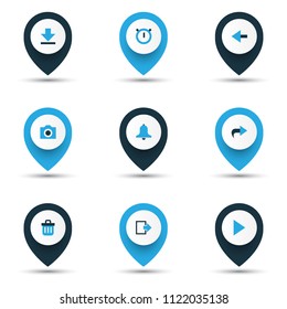 Interface icons colored set with exit, stopwatch, down arrow and other photo elements. Isolated vector illustration interface icons.