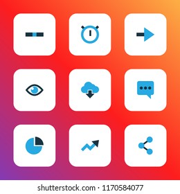 Interface icons colored set with eye, stopwatch, storage and other networking elements. Isolated vector illustration interface icons.