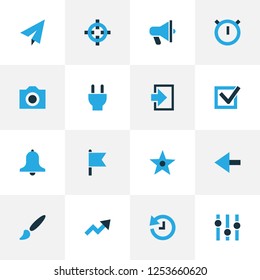 Interface icons colored set with history, plug, flag and other goal elements. Isolated vector illustration interface icons.