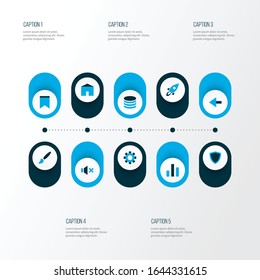 Interface icons colored set with launch, mute, protect and other backward elements. Isolated vector illustration interface icons.