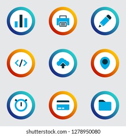 Interface icons colored set with print, location, code and other load elements. Isolated vector illustration interface icons.