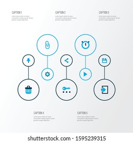 Interface icons colored set with privacy, share, setting and other start elements. Isolated vector illustration interface icons.