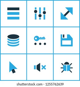 Interface icons colored set with resize, cursor, floppy disk and other virus elements. Isolated vector illustration interface icons.