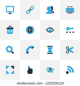 Interface icons colored set with search, hide, eye and other wifi elements. Isolated vector illustration interface icons.