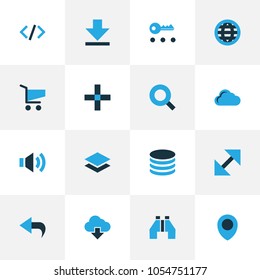 Interface icons colored set with shopping, find, storage and other storage elements. Isolated vector illustration interface icons.