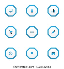 Interface icons colored set with stopwatch, edit, shopping and other cart elements. Isolated vector illustration interface icons.