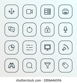 Interface icons line style set with find, filter, server and other power on elements. Isolated vector illustration interface icons.