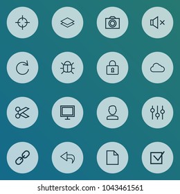 Interface icons line style set with scissors, check, equalizer and other link elements. Isolated vector illustration interface icons.
