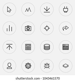 Interface icons line style set with socket, column, forward and other target elements. Isolated vector illustration interface icons.