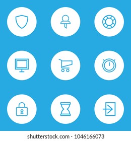 Interface icons line style set with shield, monitor, second meter and other hourglass elements. Isolated vector illustration interface icons.