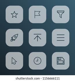 Interface icons line style set with strainer, arrow, floppy disk and other wait elements. Isolated vector illustration interface icons.