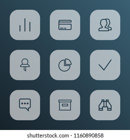 Interface icons line style set with column, pushpin, done and other pin elements. Isolated vector illustration interface icons.