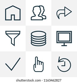 Interface icons line style set with forward, home, done and other display elements. Isolated vector illustration interface icons.