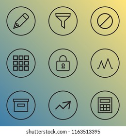 Interface icons line style set with increase, application, pencil and other calculator elements. Isolated vector illustration interface icons.