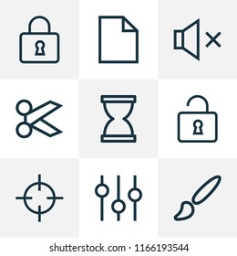 Interface icons line style set with sandglass, equalizer, scissors hourglass elements. Isolated vector illustration interface icons.