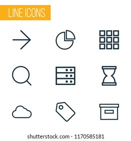 Interface icons line style set with ahead, application, pie chart and other diagram elements. Isolated vector illustration interface icons.