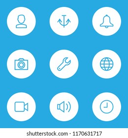 Interface icons line style set with camcorder, photo, watch and other globe elements. Isolated vector illustration interface icons.