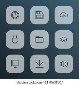 Interface icons line style set with socket, dossier, audio and other folder elements. Isolated vector illustration interface icons.