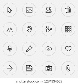 Interface icons line style set with picture, wrench, arrow and other pin elements. Isolated vector illustration interface icons.