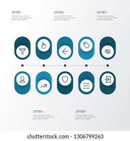 Interface icons line style set with shield, backward, label and other filter elements. Isolated vector illustration interface icons.